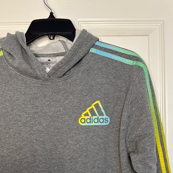 Boys Adidas Gray Hoodie Sweatshirt with Colored Stripes - Picture 2 of 5